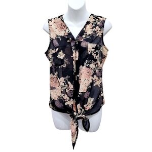 2/$20 Fun & Flirt Black & Pink Front Tie Top Blouse Size: Small
